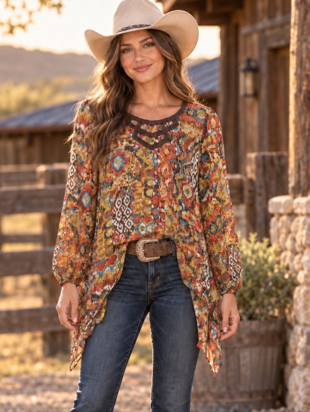 Wrangler Women’s Western Boho Southwestern Print Handkerchief Tunic Top L